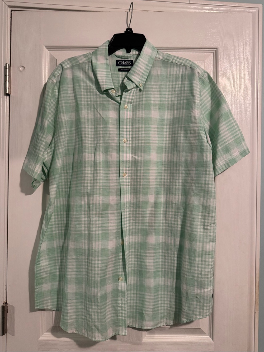 Chaps Linen Mint Green and White Plaid Short-Sleeve Button-Down Shirt